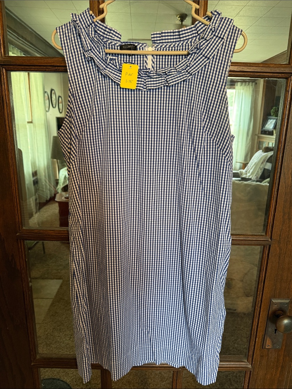 Talbots Navy and White Gingham Sleeveless Ruffle Collar Mini Dress